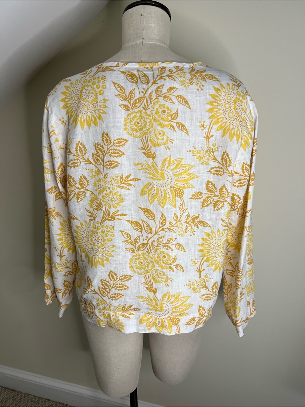 Flax Yellow Floral Button-Front Lightweight Linen Top Office Church - Picture 3 of 7